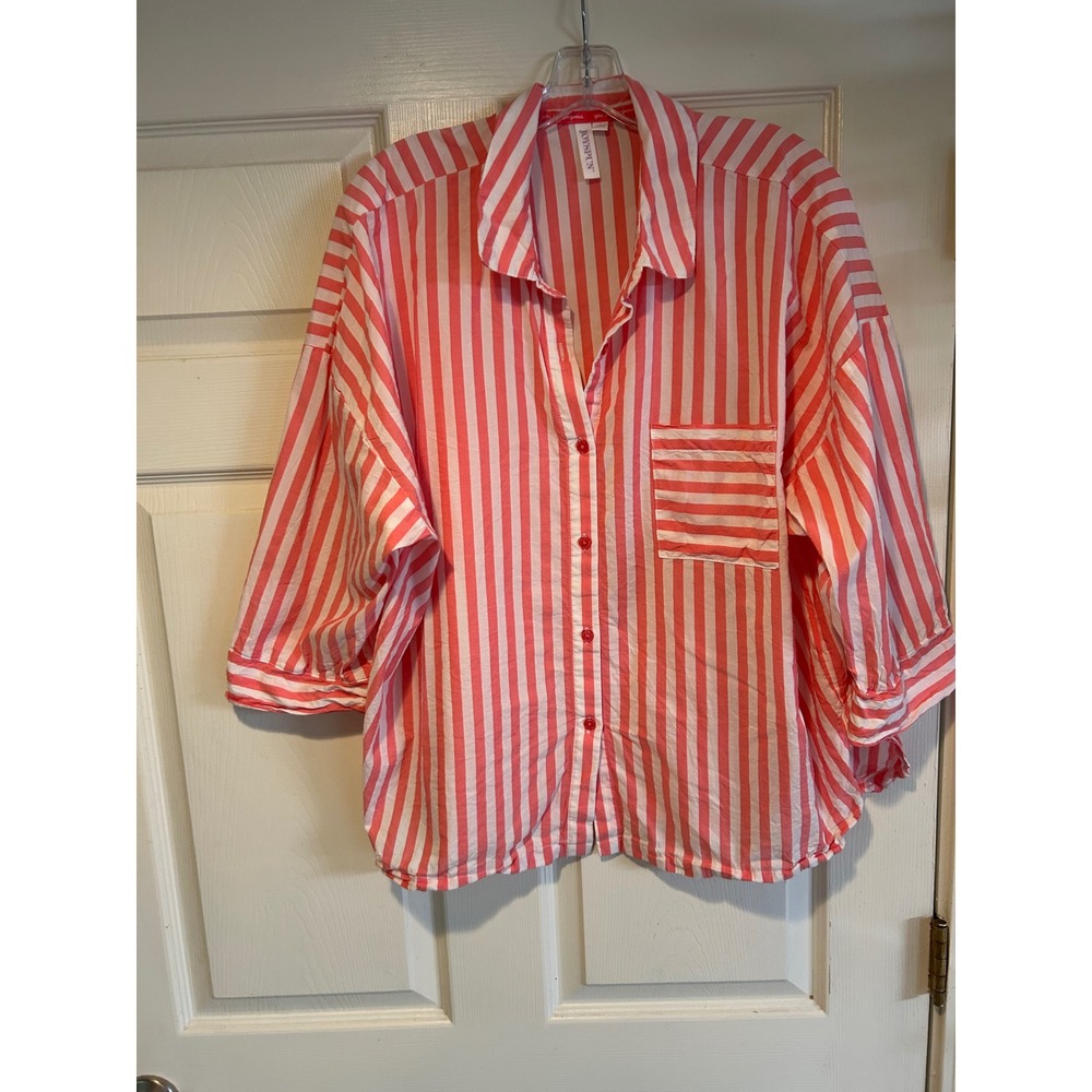 Joyspun Pink White Striped Pajama Top Button Down Sleep Shirt XL 16-18 Oversized